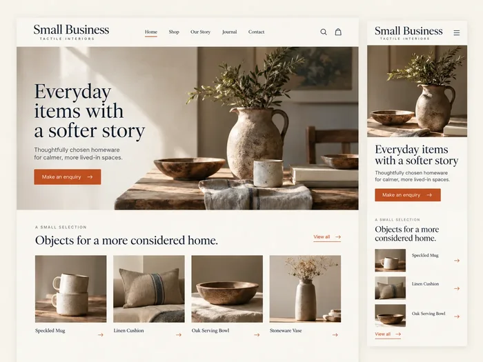 Fictional business website concept: desktop and mobile views