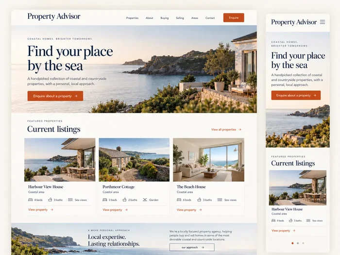 Fictional real estate website concept: desktop and mobile views