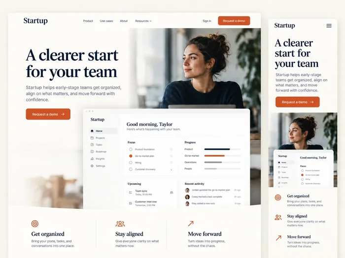Fictional startup website concept: desktop and mobile views