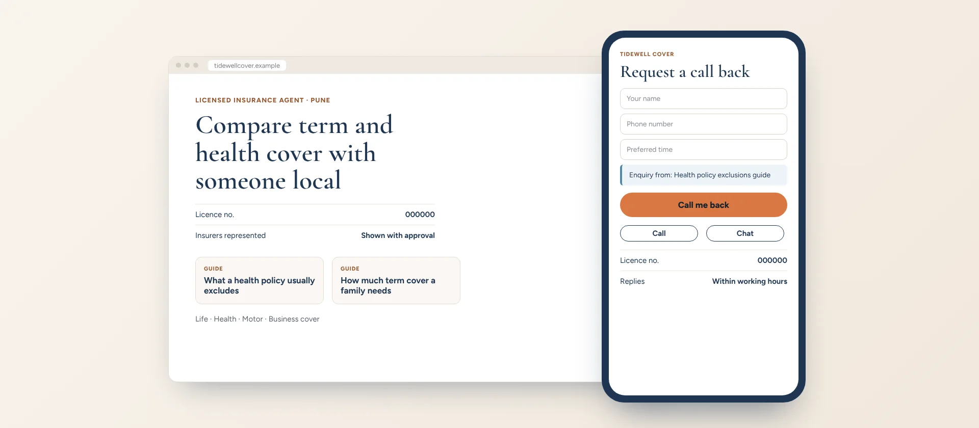 Concept example: a fictional agent website on a phone showing a licence number, the insurers represented and a call-back request.