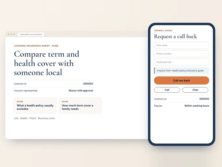 Concept example: a fictional agent website on a phone showing a licence number, the insurers represented and a call-back request.