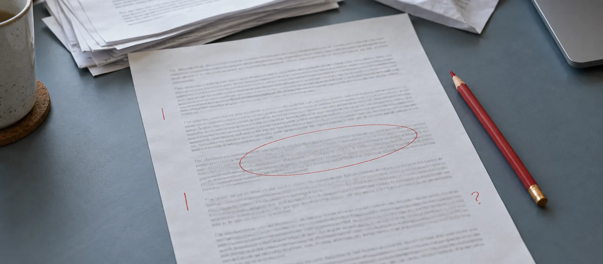 A report with red pencil review marks, drafts and a laptop corner on a working desk.