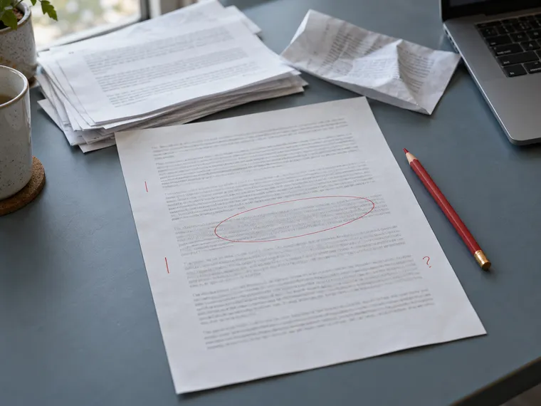 A report with red pencil review marks, drafts and a laptop corner on a working desk.
