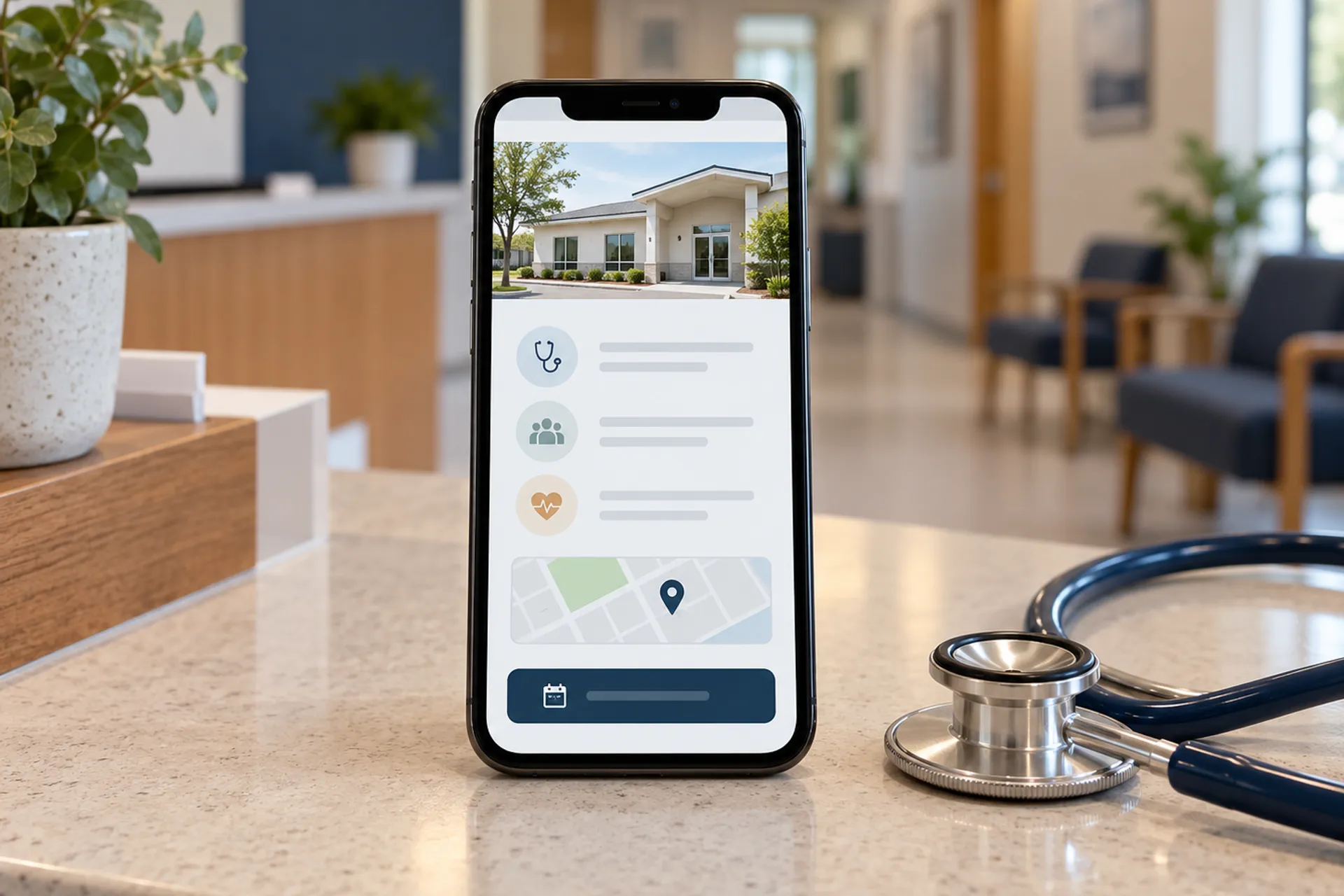 Illustrative clinic website on a phone beside a stethoscope.