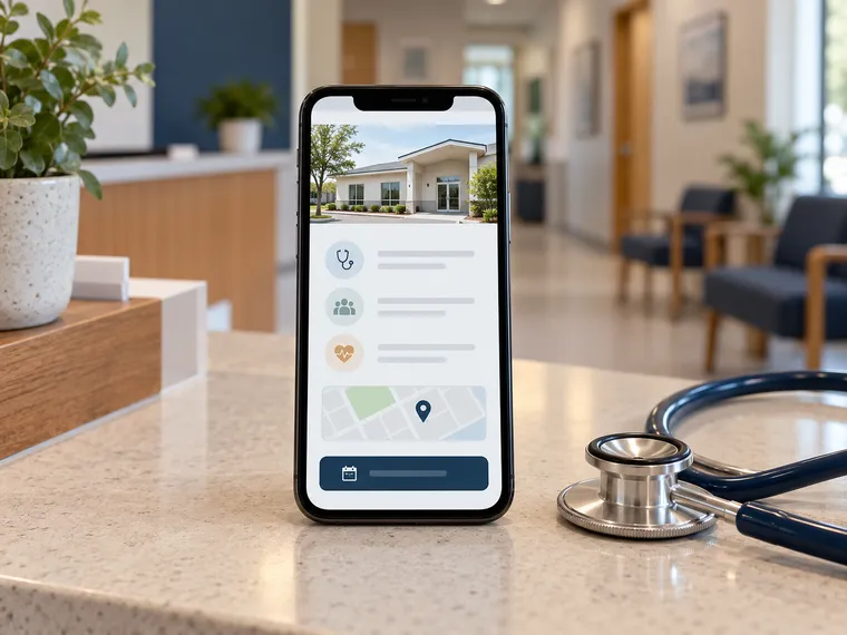 Illustrative clinic website on a phone beside a stethoscope.