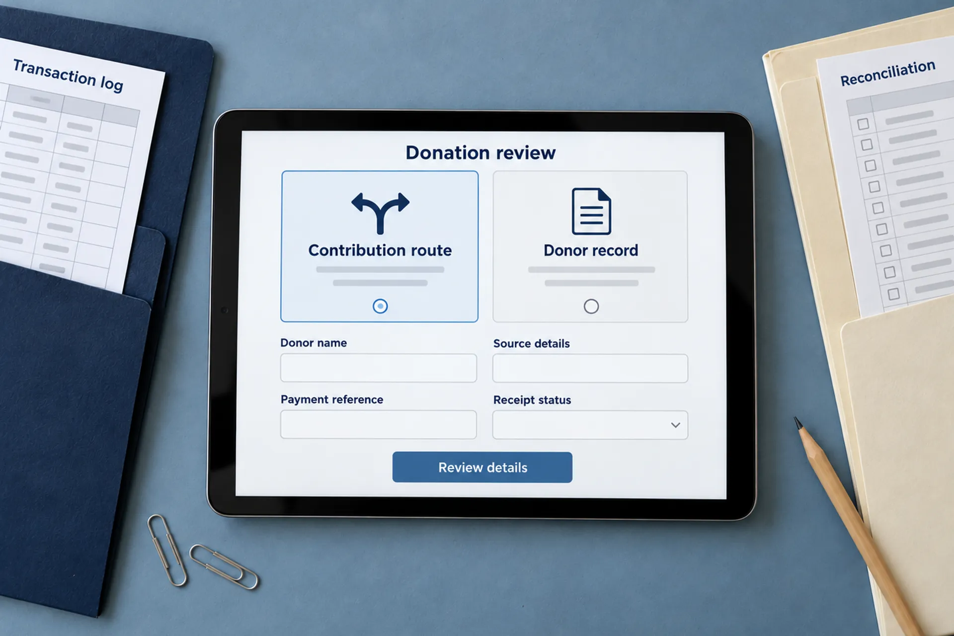 Illustrative donation review interface with donor records, payment reference and reconciliation documents.
