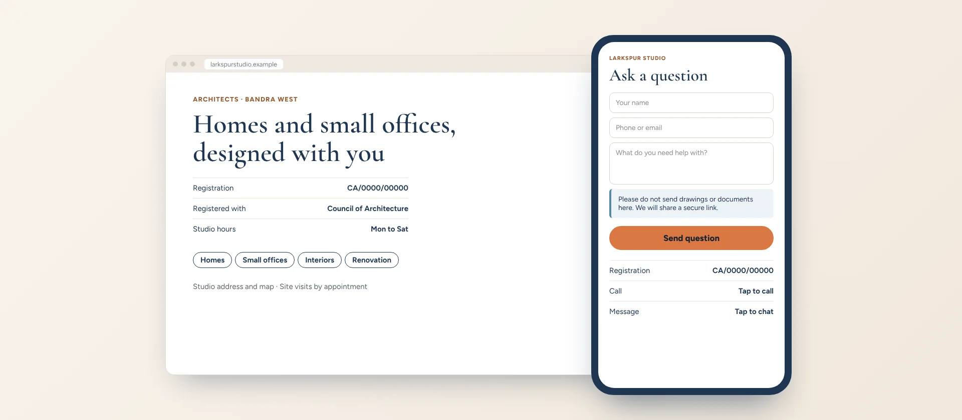 Concept example: a fictional practice website on a phone showing registration details, areas of work and an enquiry button.