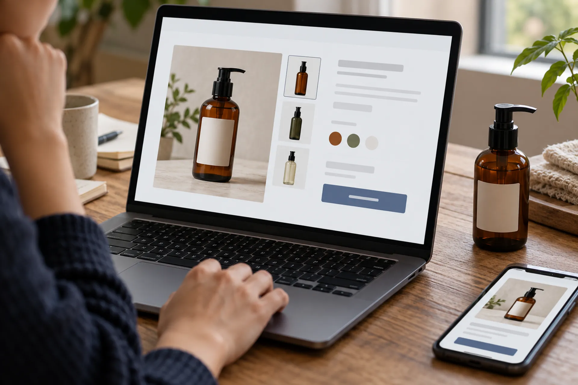 Illustrative skincare product page with variant choices and a matching mobile advertisement.