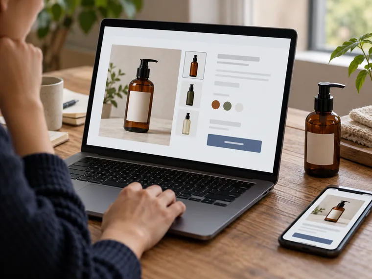 Illustrative skincare product page with variant choices and a matching mobile advertisement.