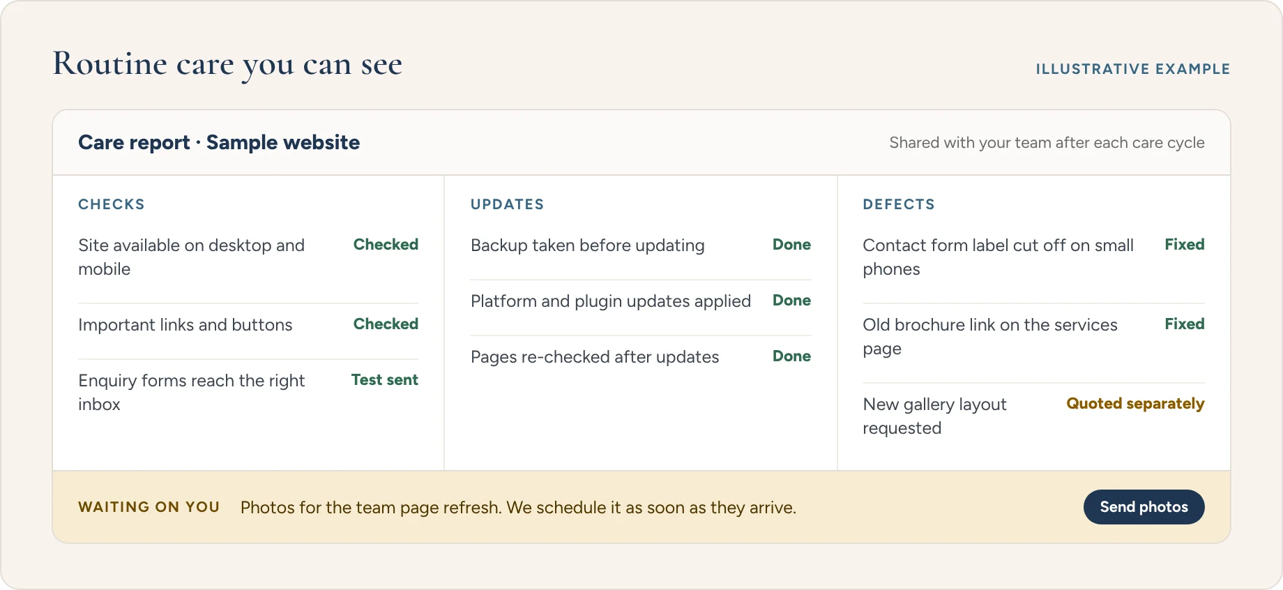 Illustrative example: a care report showing checks on availability, links and forms, updates applied after a backup, defects fixed, and one item waiting on the client.